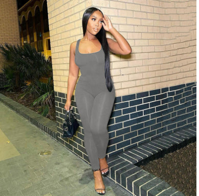 Sleeveless Low-Neck One-Piece Jumpsuit